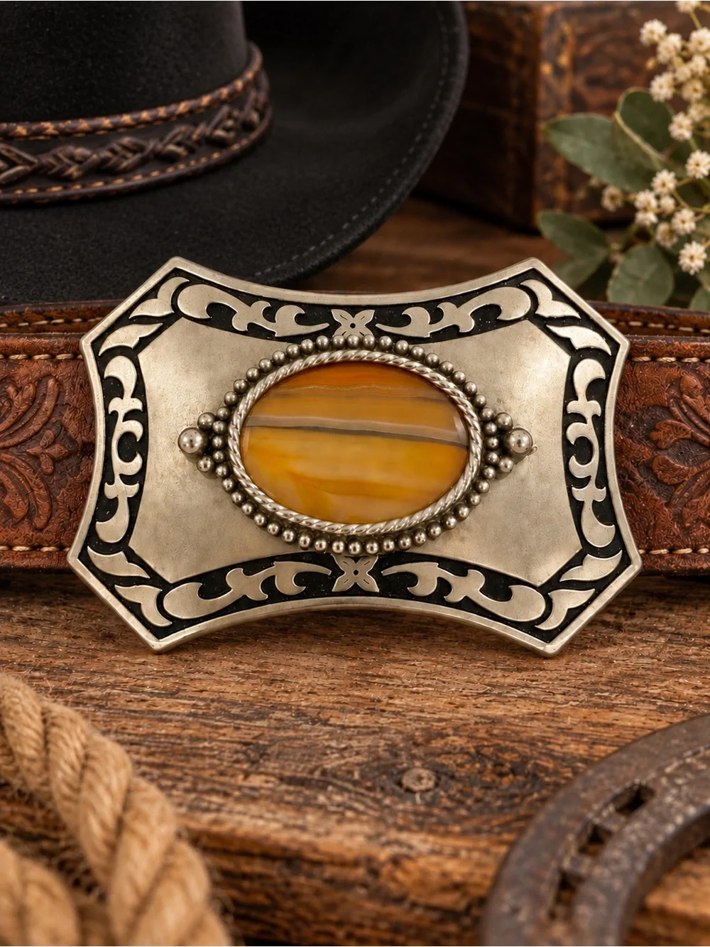 Western Silver Tone Belt Buckle Faux Banded Amber Agate & Black Scrollwork